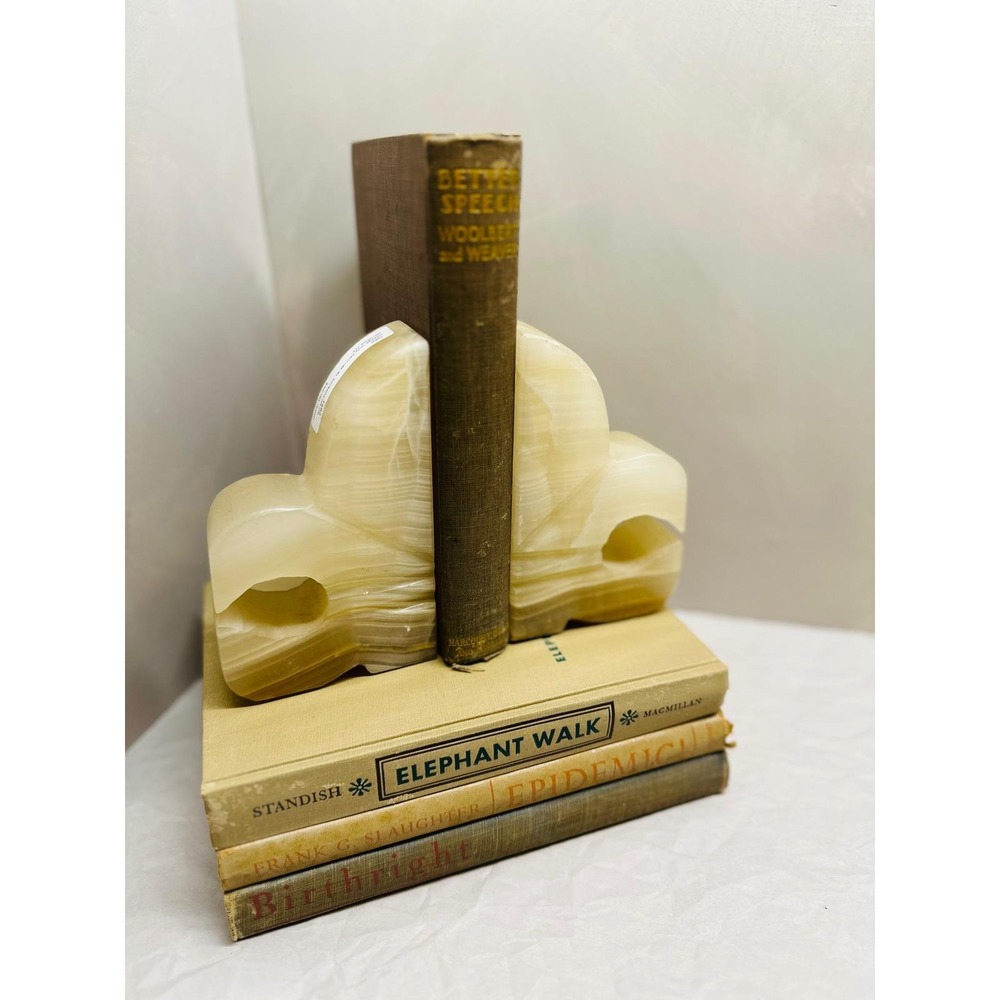 Vintage Carved Onyx Fleur de Lis Bookend Set of 2 Cream White 7x5 Stone